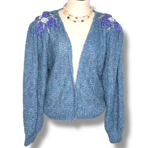 Alexandria Cardigan Sz M Blue Vintage 80s Floral Embroidered Puff Sleeve Sweater